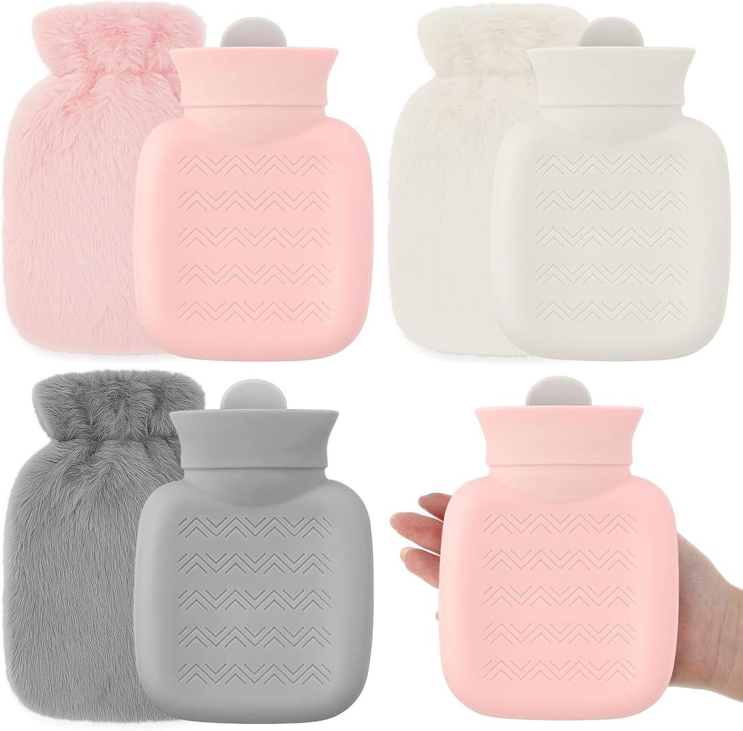 Amylove 3 Pcs Mini Hot Water Bottle for Hot & Cold Compress with Cover 320ml Silicone Microwave Heating Bottles Small Water Bag for Travel Holiday Gift (Pink, Gray, White,Plush)