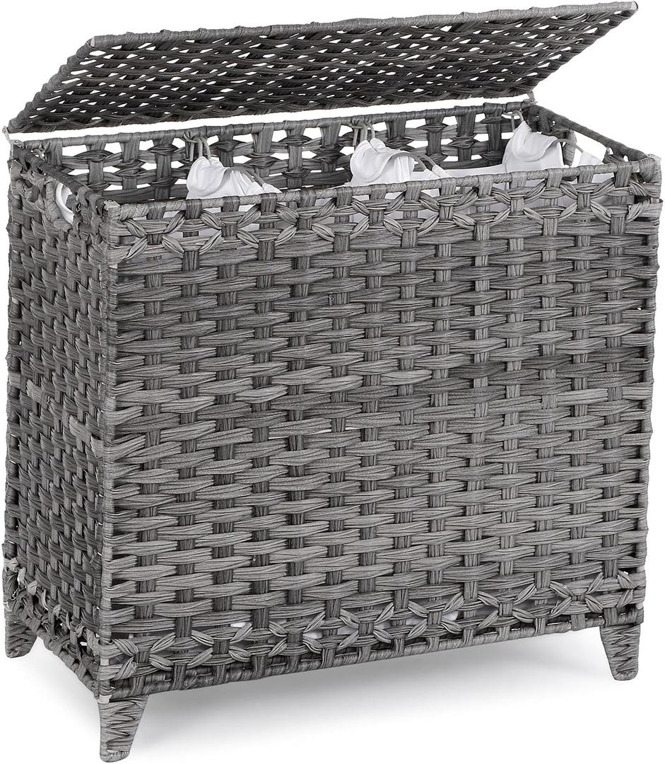 Laundry Hamper with 3 Removable Liner Bags; 132L Handwoven Rattan Laundry Basket with Lid & Heightened Feet; Clothes Hamper with Side Handles; Laundry Sorter with 3 Separate Sections (Gray) (132L (25.98x13x26.57 Inches))