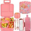 MAISON HUIS Kids Bento Lunch Box Set With 8oz Soup Thermo, Leakproof Lunch Containers with 5 Compartment, Thermo Hot Food Jar and Insulated Lunch Bag, BPA Free,Travel, School -Pink (Mermaid)