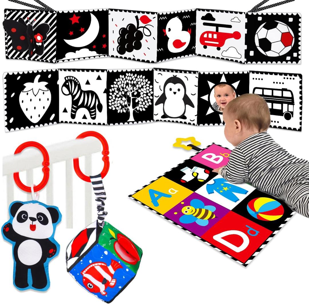 4 PCS Black and White High Contrast Baby Toys 0-3-6 Months Newborn Essential Toy for Babies Crinkle Sensory Book Brain Development Tummy Time Mirror Infant Carseat Rattle Shower Easter Gifts Boy Girl