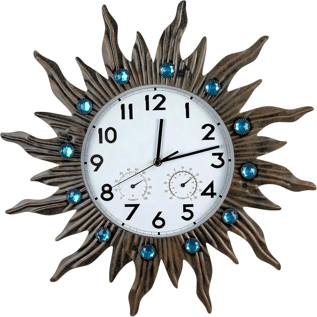 Garden Outdoor Clocks with Thermometer and Hygrometer Combo, Silent No-Ticking Outdoor Wall Clocks, Waterproof Outdoor Clocks Vintage Copper Sun, 18.5 Inch