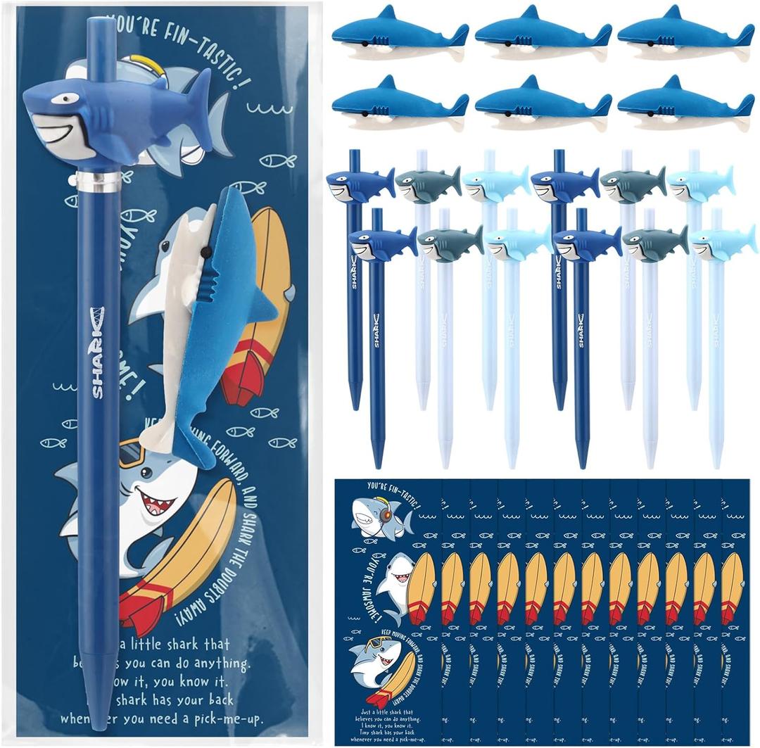 Honoson 12 Sets Inspirational Shark Gifts Mechanical Pencils Erasers and Pun Awesome Cards Desk Pets from Teacher for Classroom Appreciation Birthday Valentine Party Favors Office Supplies