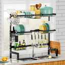 Over The Sink Dish Drying Rack,Expandable Length 3-Tier Large Stainless Steel Over The Sink Dish Rack with 6 Baskets, Utensil Holder Dish Drainers for Kitchen Counter