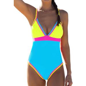 popvil Yellow and Deep Sky Blue Color Block One Piece Bathing Suit for Women V Neck Swimsuit Plunge Shell Trim Swimwear Tie Back, XXL
