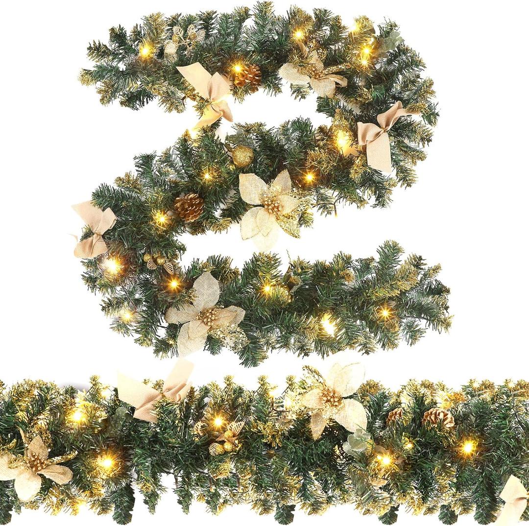 Ceenna 2 Pcs 6 ft Christmas Garland with Lights Christmas Prelit Artificial Garland with Pine Berries Decor Christmas Fireplace Decorations for Mantle Banister Indoor Outdoor (Pine Cone)