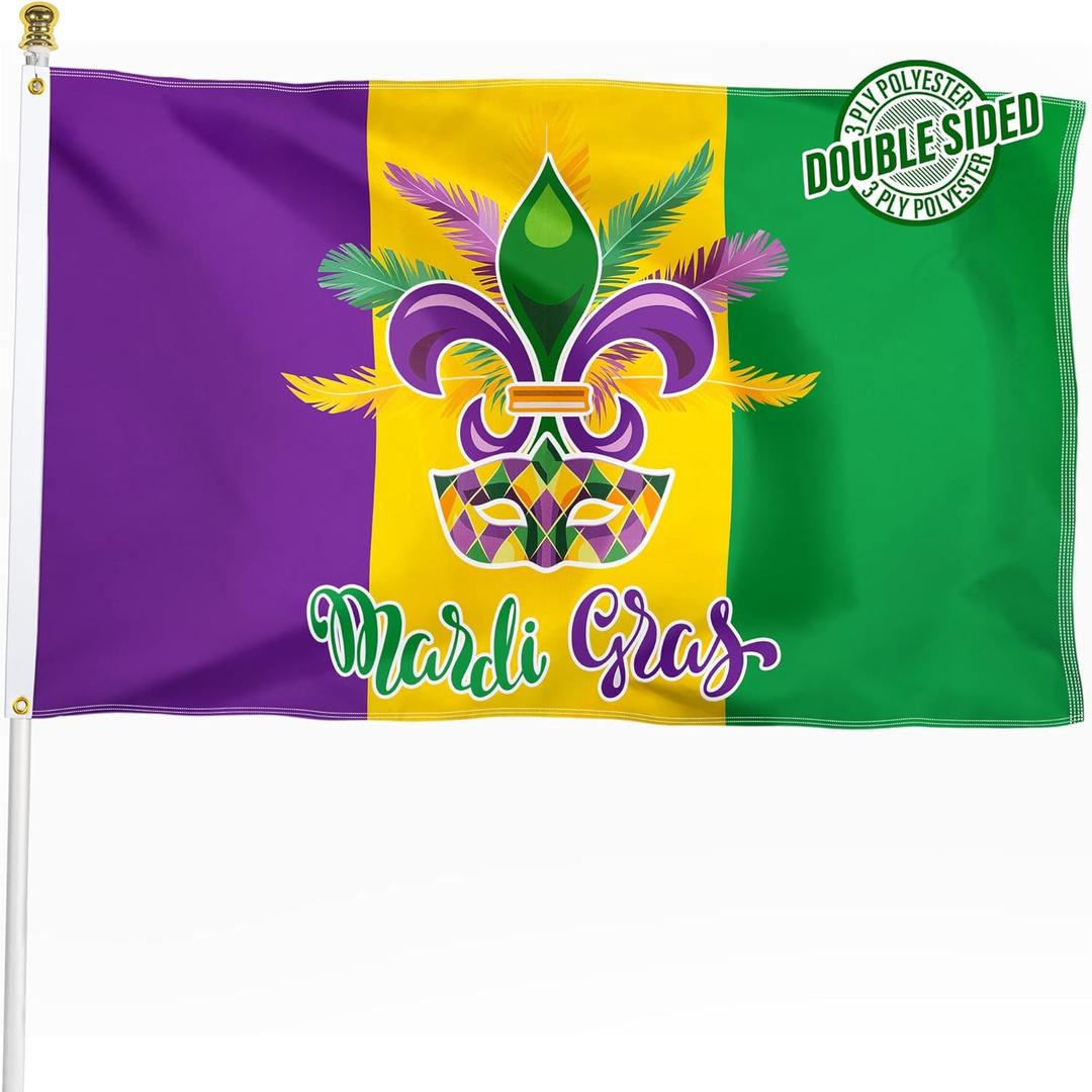 XIFAN Double Sided Mardi Gras Flag 3x5 Ft Outdoor Heavy Duty 3ply Polyester Fat Tuesday Holiday Masquerade Carnival Banner New Orleans Party Supplies Gift Wall Indoor Outdoor Decoration