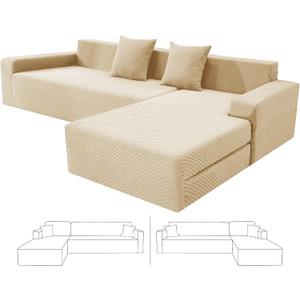 ZNSAYOTX Sectional Couch Covers, Stretch Jacquard Slipcovers with Elastic Bottom for L-Shape Sectional Sofa, 2 Pcs Pet Friendly Modular Sofa Protector (3 Seat Couch + 2 Seat Chaise, Light Beige)