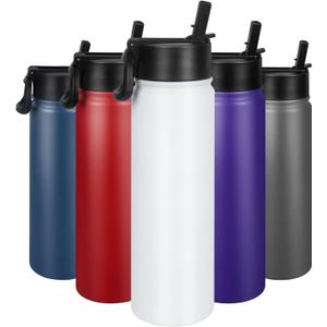 24 oz Insulated Water Bottle with Straw, Stainless Steel Double Wall Vacuum Thermos with Straw Lid Leak Proof, Wide Mouth Lid, Keep Cold and Hot (White)