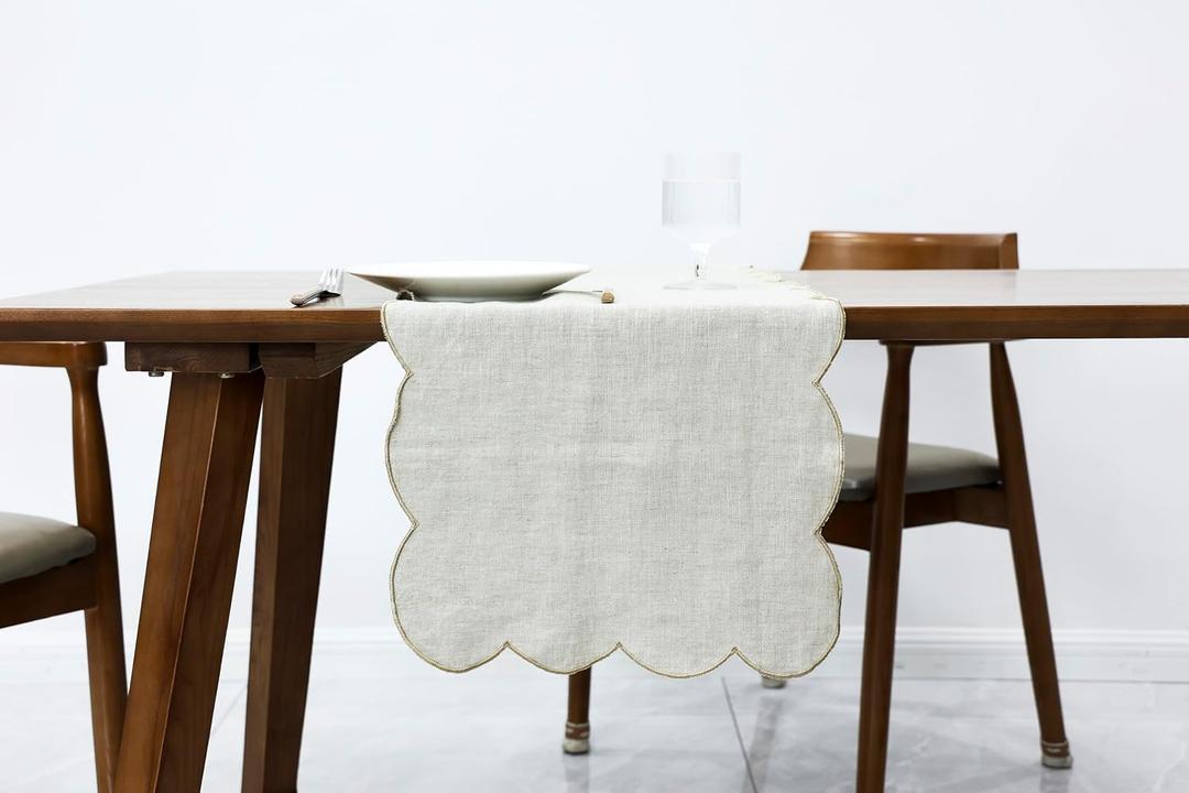 100% Natural Linen Rustic Scalloped Embroidery Table Runner 60 Inches, Linen Table Runner 14 x 60 Inch Ideal for Dresser and Dining Tables Decor, 2-4 Sets, Linen(Edges-Gold)