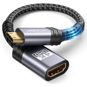 JSAUX Mini HDMI to HDMI Adapter, Mini HDMI Male to HDMI Female Cable with 4K 60Hz HDR 3D 18Gbps, Compatible with Camera, Camcorder, Raspberry Pi Zero, Laptop, Tablet-Gray