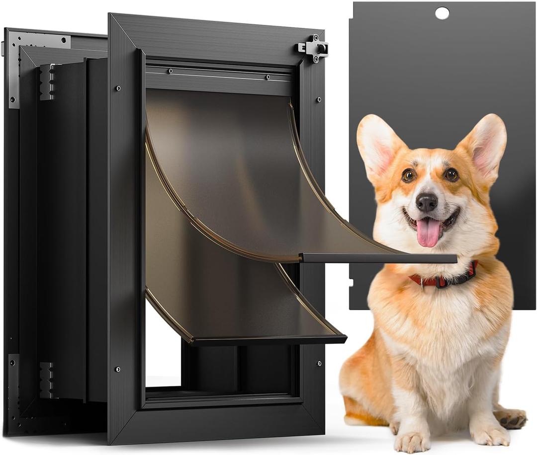 Doggy Door, All Aluminum Dog Door for Wall, Medium Doggie Pet Door, with Closing Panel, 2 Magnetic Flaps Energy Efficient, Wide Telescoping Tunnel for Interior & Exterior Walls, Pet Up to 45Lbs Black