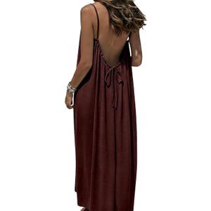Women's Backless Cami Maxi Dress Spaghetti Strap Beach Dress Loose Vacation Sundress, XL