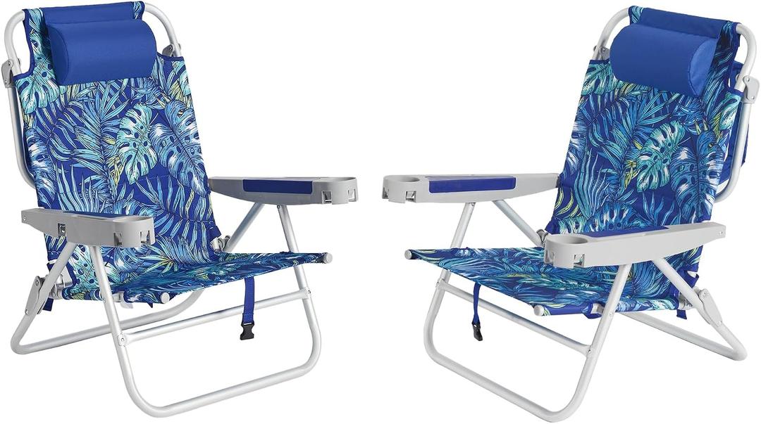 SUNNYFEEL Extra Wide Low Beach Chair 2 Pack 5 Position Lay, XL Oversized Portable Folding Camping Chairs with Cup Holder for Outdoor/Sand, Foldable Backpack Beach Chair for Adults Heavy Duty 500 LBS, 27.56 inches x 20.87 inches x 30.31 inches