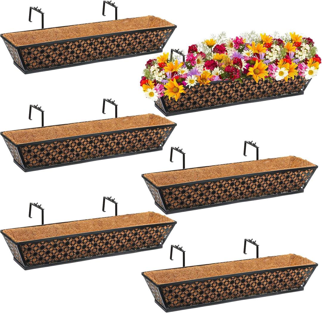 Geetery 6 Pack Window Railing Planter 30 Inch Deck Black Metal Hanging Flower Planter Basket Window Boxes Railing Planter Basket with Coconut Liner for Patio Fence Porch Balcony(Vintage)