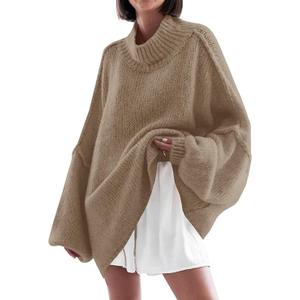 Saodimallsu Womens Oversized Sweaters Mock Neck Batwing Long Sleeve 2025 Fall Trendy Ribbed Knit Casual Tunic Sweater, Light Brown, Medium