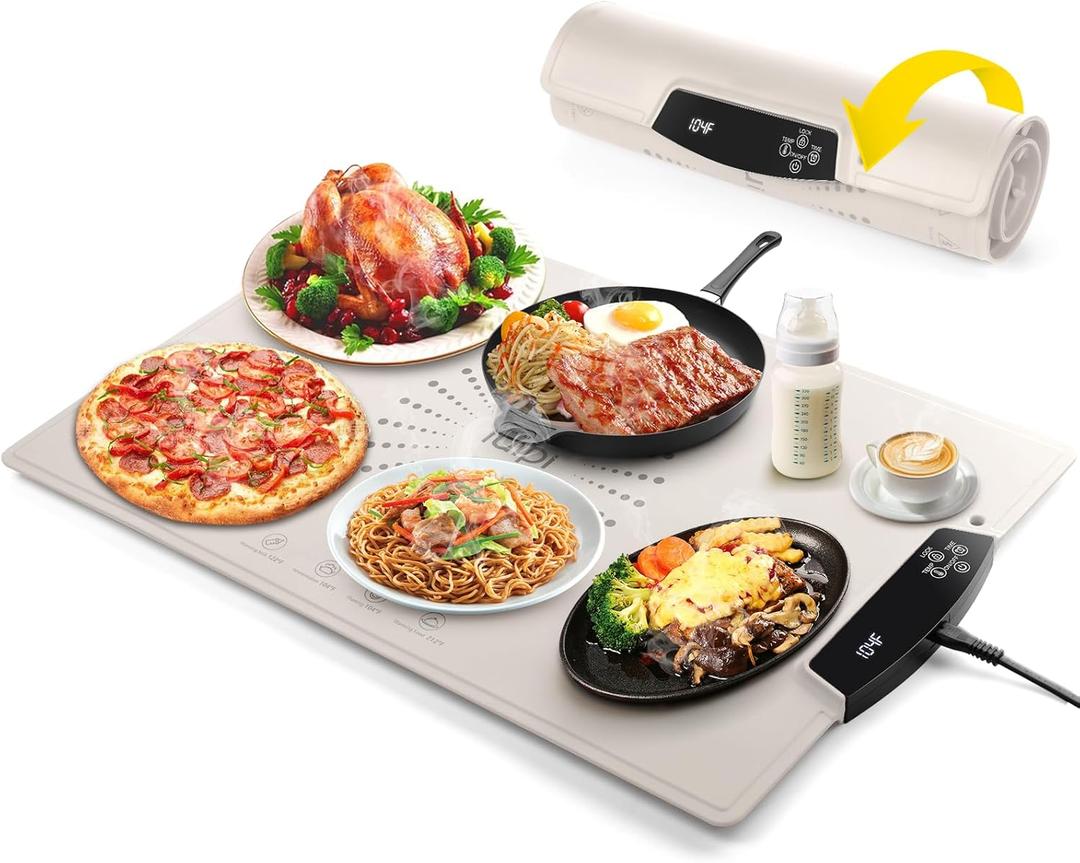Food Warming Mat, Large Electric Warming Tray with 7 Temperature Settings 2-12H Timer and Child-Lock Fast Full Surface Heating Roll Up Food Warmers for Parties Buffet Gatherings Countertop, Warm White 