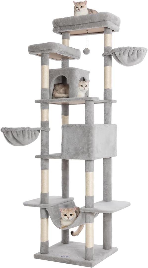 Komicoll Cat Tree, 81-Inch Tall Cat Tower with Scratching Post, Plush Multi-Level Cat Condo with 2 Perches, 2 Caves, 2 Basket, Hammock for Indoor Cats Light Grey