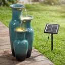 Solar Outdoor Water Fountain, 3-Tier Ceramic Look Resin Waterfall with LED Lights, 24" H, for Patio, Backyard & Garden