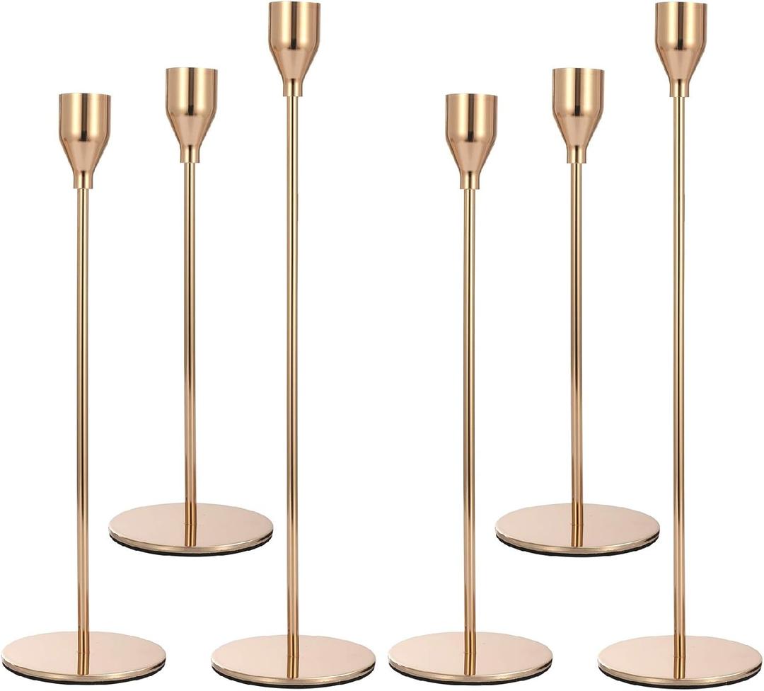 Set of 6 Pink Gold Candlestick Holders Pink Gold Candle Holder Taper Candle Holders Candle Holders Decorative Candlestick Holder for Home Decor, Wedding, Dinning, Party, Anniversary (Gold)