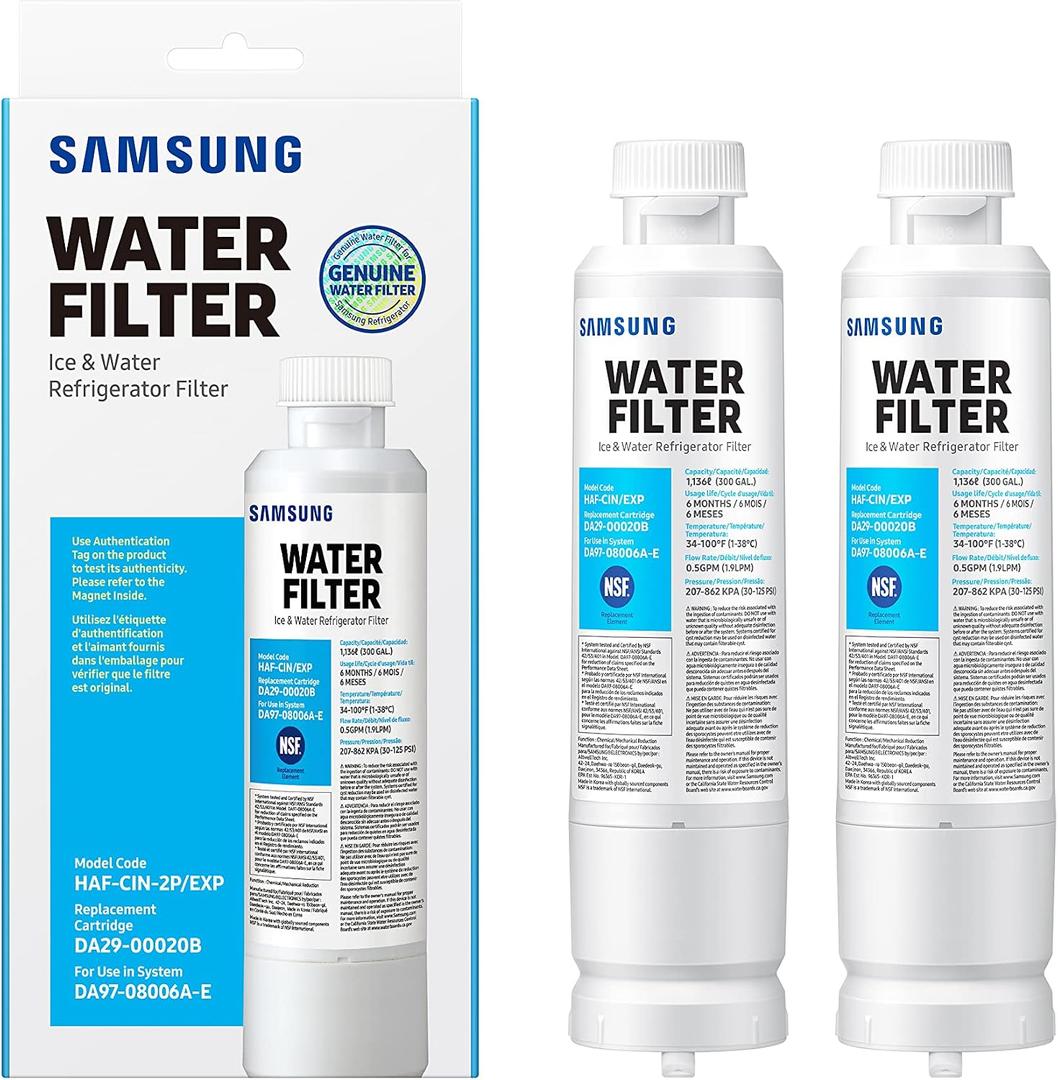 Samsung HAF-CIN-2P/EXP Genuine Refrigerator Water Filter, Reduces 99% of Harmful Contaminants for Clean, Clear Drinking Water, 6-Month Life, Easy Install, Pack of 2