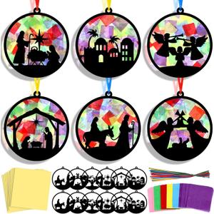 AmazingSpark 30 Pcs Christmas Nativity Suncatchers Paper Craft Set Xmas Birth of Jesus DIY Stained Glass Effect Tissue Paper Kits Gift Bulk for Religious Church Classroom Activities Art Party Decor