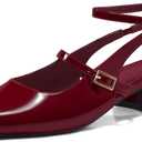 Coutgo Womens Mary Jane Chunky Low Heels Closed Square Toe Ankle Strap Pumps Wedding Party Dress Shoes (7, Dark Red)