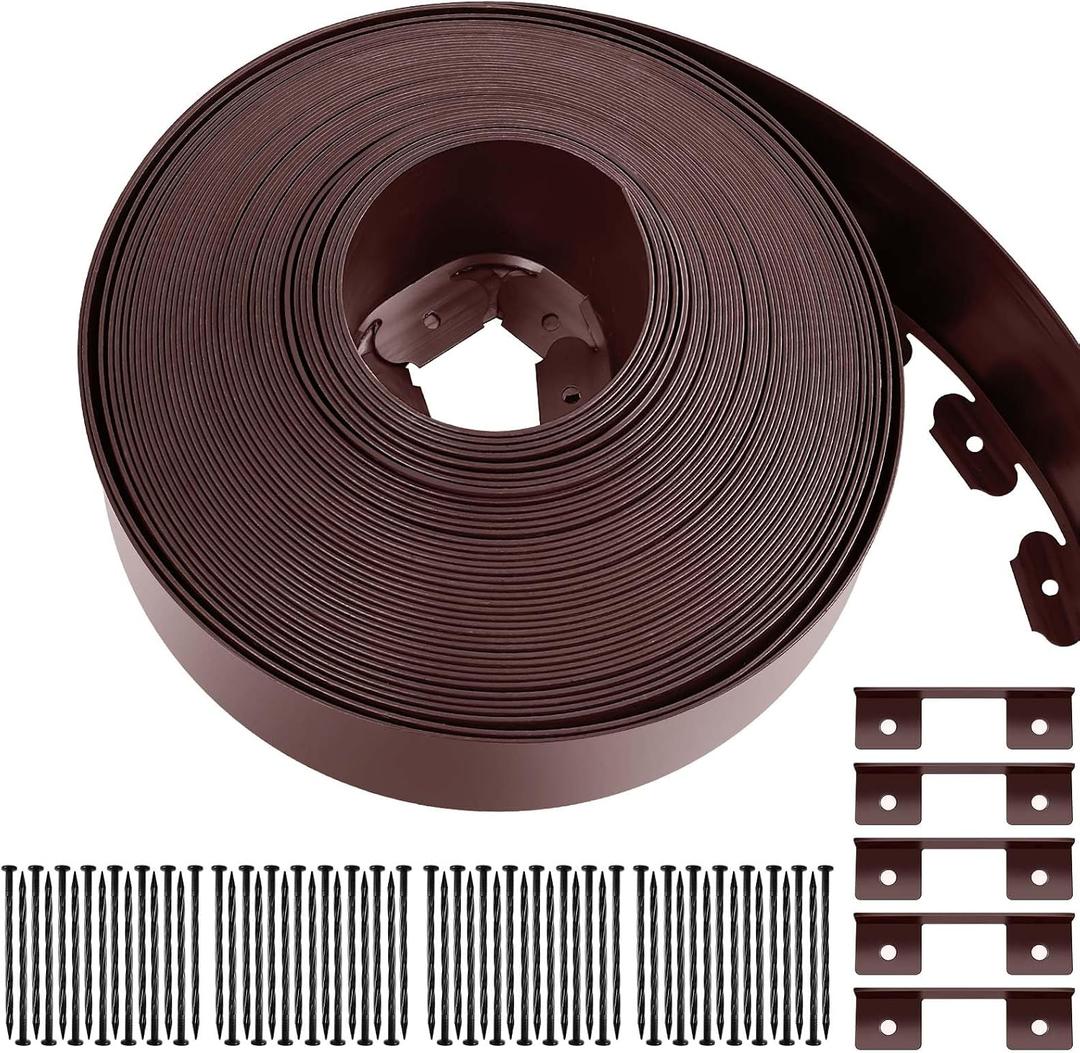 5'' x 100' Landscape Edging Kit Plastic Garden Edging Border Coil Include 90 Anchoring Spikes for Lawn Garden Grass Yard Home School,Brown
