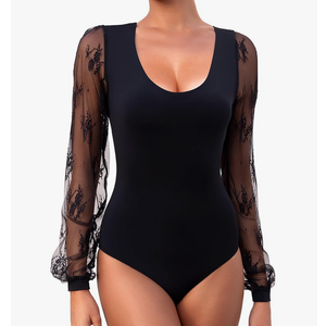 XL Long Sleeve Body Suits Womens Double Lined Round Neck Lace Bodysuit For Women