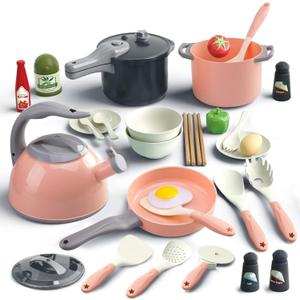 Bruvoalon 32Pcs Kids Play Kitchen Toys Set, Toddlers Pretend Cooking Playset Acccessories with Pots Pans, Utensils Cookware, Foods, Canned Veges, Learning Gift for Kids Girls Boys (Pink)