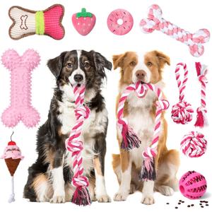 Vinsot 12 Pack Large Dog Chew Toys for Aggressive Chewers Pink Christmas Gifts Teething Toys with Dental Rope Squeaky Balls and Chew Bone for Medium Large X-Large Breeds Dogs