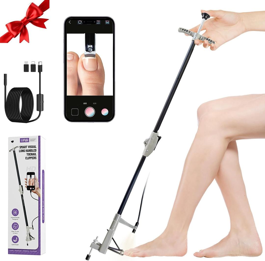 Long Handled Toenail Clippers with HD Endoscope & LED Light, 32" Foldable Aluminum, Adjustable Support Leg, Stainless Steel Blade for Thick Nails, for Seniors, Overweight and Arthritis Users
