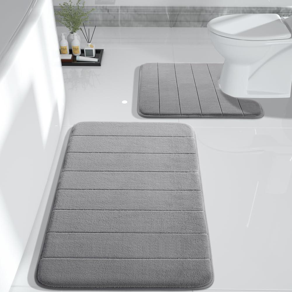Yimobra Memory Foam Bath Mat Set, 2 Piece Soft Bath Rugs - 31.5x19.8 U-Shaped and 24x20.4 Thick Non-Slip Bath Mat, Dry Fast for Bathroom Floor Mats, Grey