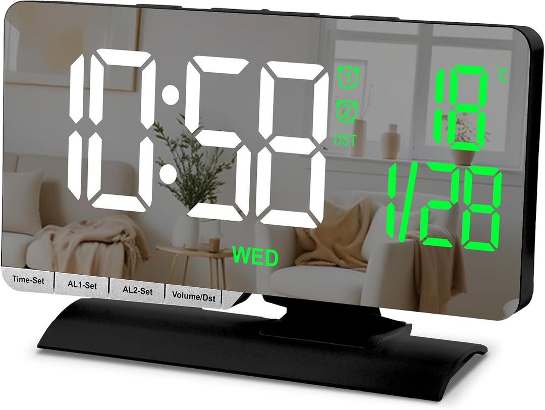 SZELAM Digital Clock,Alarm Clock Bedside,7.3'' Large LED Mirror with Date Display,Temperature,Dual Alarm with 3 Mode,Brightnee Adjust,DST,USB C Charging Port,5 Levels Volume for Desk Bedroom Teens