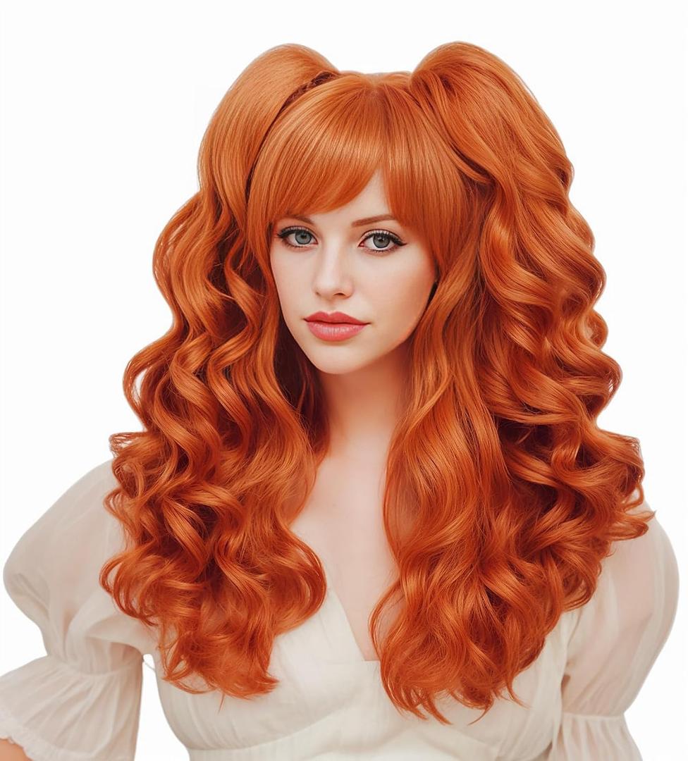 Long Ginger Wig for Women Lolita Auburn Culry wig with 2 Ponytails Clip On Synthetic Cosplay Wig with Bangs