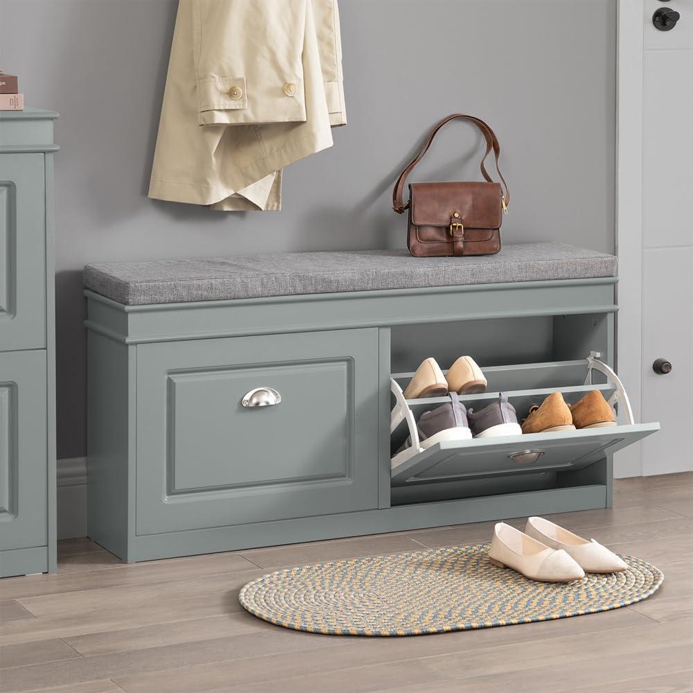 Haotian Grey Storage Shoe Bench with 2 Flip Drawers & Padded Seat Cushion, Enterway Bench Shoe Cabinet Shoe Organizer, Hidden Shoe Rack for Hallway, Bedroom FSR64-HG