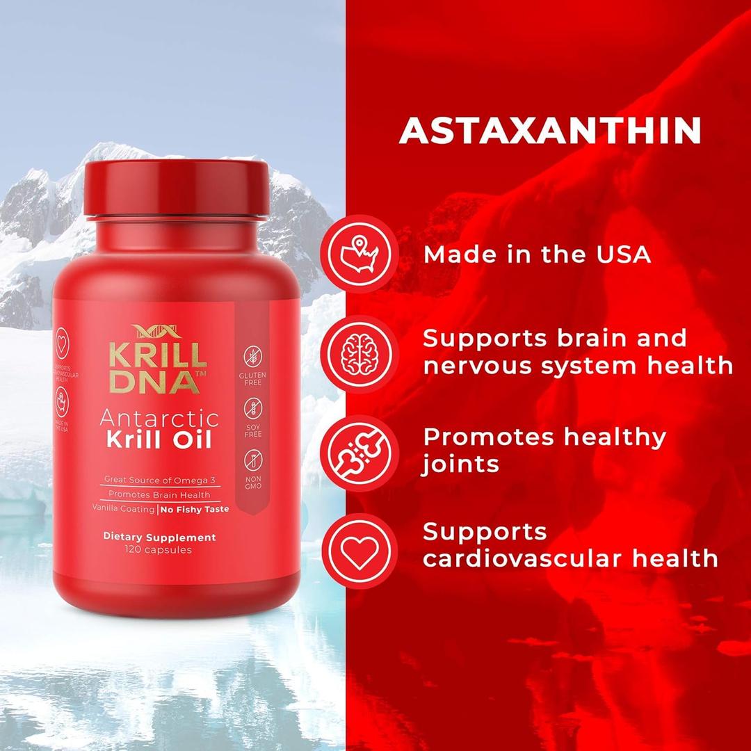 Antarctic Krill Oil by KrillDNA | 1000 mg with Astaxanthin, Omega 3, DHA, EPA, and Phospholipids | Vanilla Coating, No Smell, No Fishy Taste | (120 softgels-60 Servings)