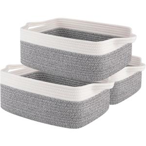 OIAHOMY 3 Pack Storage Baskets for Organizing, Woven Cotton Rope Basket for Shelves, Closet Organizer Bins with Handles, Rectangle Toy Organization, 13.78''9.84''5.5'', Grey & White
