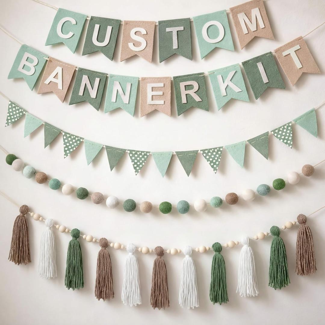 SmoothNovelty 139 Pcs Felt DIY Custom Banner Kit Include 104 Letters 18 Swallowtail Flags 15 Pennants 2 Pcs Pom Pom Garland Tassel Pompom Decoration for Home Baby Shower Birthday(Baby Green)