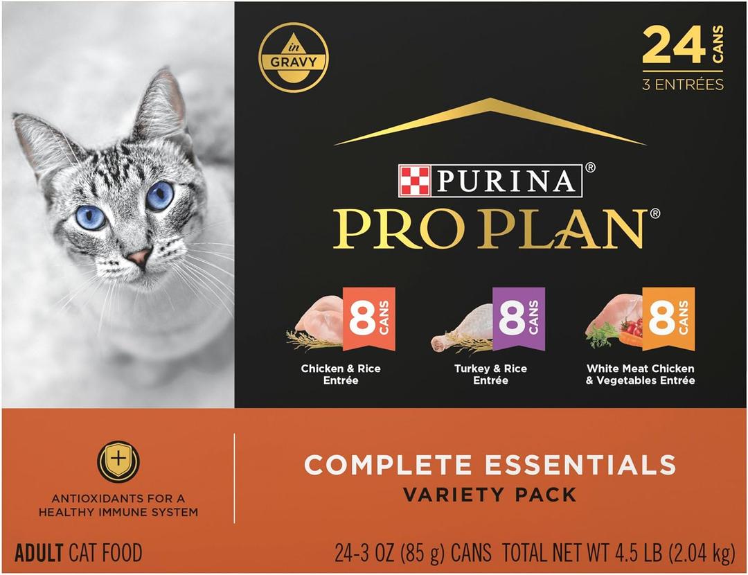 Purina Pro Plan Gravy, High Protein Wet Cat Food Variety Pack, Complete Essentials Chicken and Turkey Favorites - (Pack of 24) 3 oz. Cans (EXP 04/30/28)