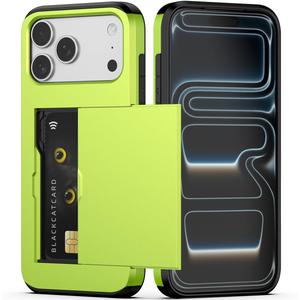 Nvollnoe Compatible with iPhone 17 Pro Max Case with Card Holder Dual Layer Heavy Duty Protective Shockproof Hidden Card Slot Slim Wallet Phone Case for Women&Men 6.9 inch(Fluorescent Green)