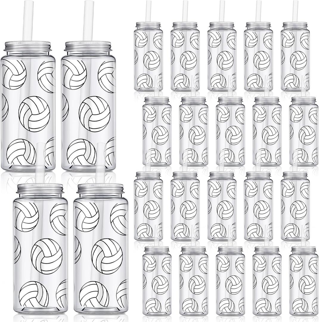 Domensi 24 Pack 14.2 oz Volleyball Plastic Cups with Lid and Straw Clear Reusable Cups with Lids and Strawstumbler for Birthday Sports Themed Party Supplies