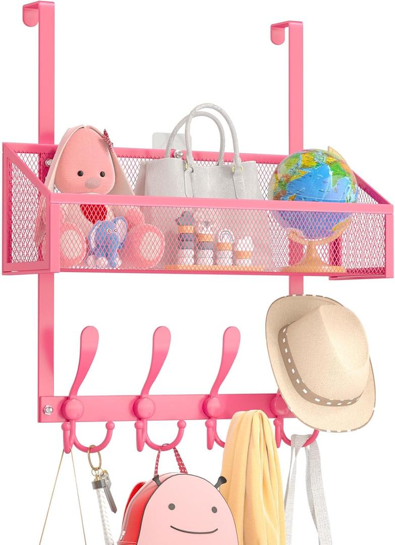 Over The Door Hooks Organizer, Coat Rack Over The Door Storage Hanger Towel Rack, Back of Door Storage Organizer for Bathroom,Bedroom,Kitchen,Office (Pink, 2-Tier)
