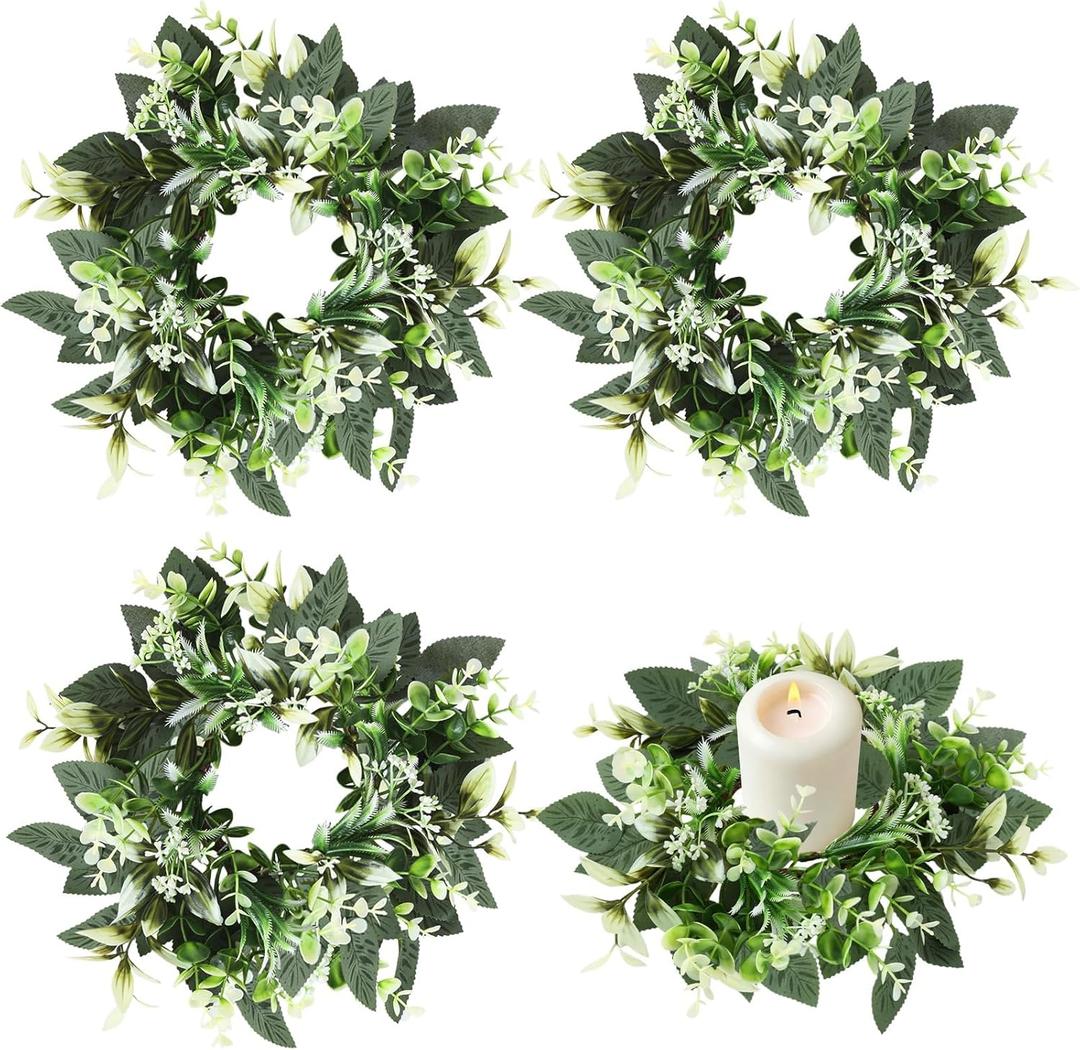 4 Pcs Eucalyptus Candle Ring 4 Inch Center Mini Kitchen Cabinet Wreaths Artificial Small Green Leaves Wreaths Garland Pillar Holder for Home Door Window Farmhouse Wedding Party Table Centerpiece Decor