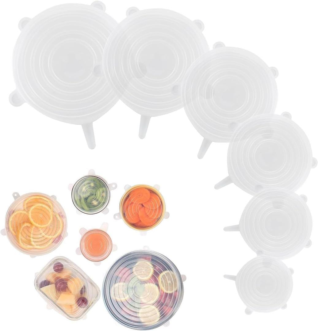 Silicone Stretch Lids  6 Pack Reusable Food Covers,Flexible Silicone for Bowls, Containers, Fruits  Airtight & Leakproof Seal for Kitchen Storage(transparent)