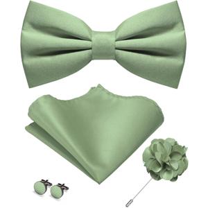 JEMYGINS Solid Color Pre-tied Bow Tie and Pocket Square Cufflinks Lapel Pin Sets for Men 4PCS (Sage Green)