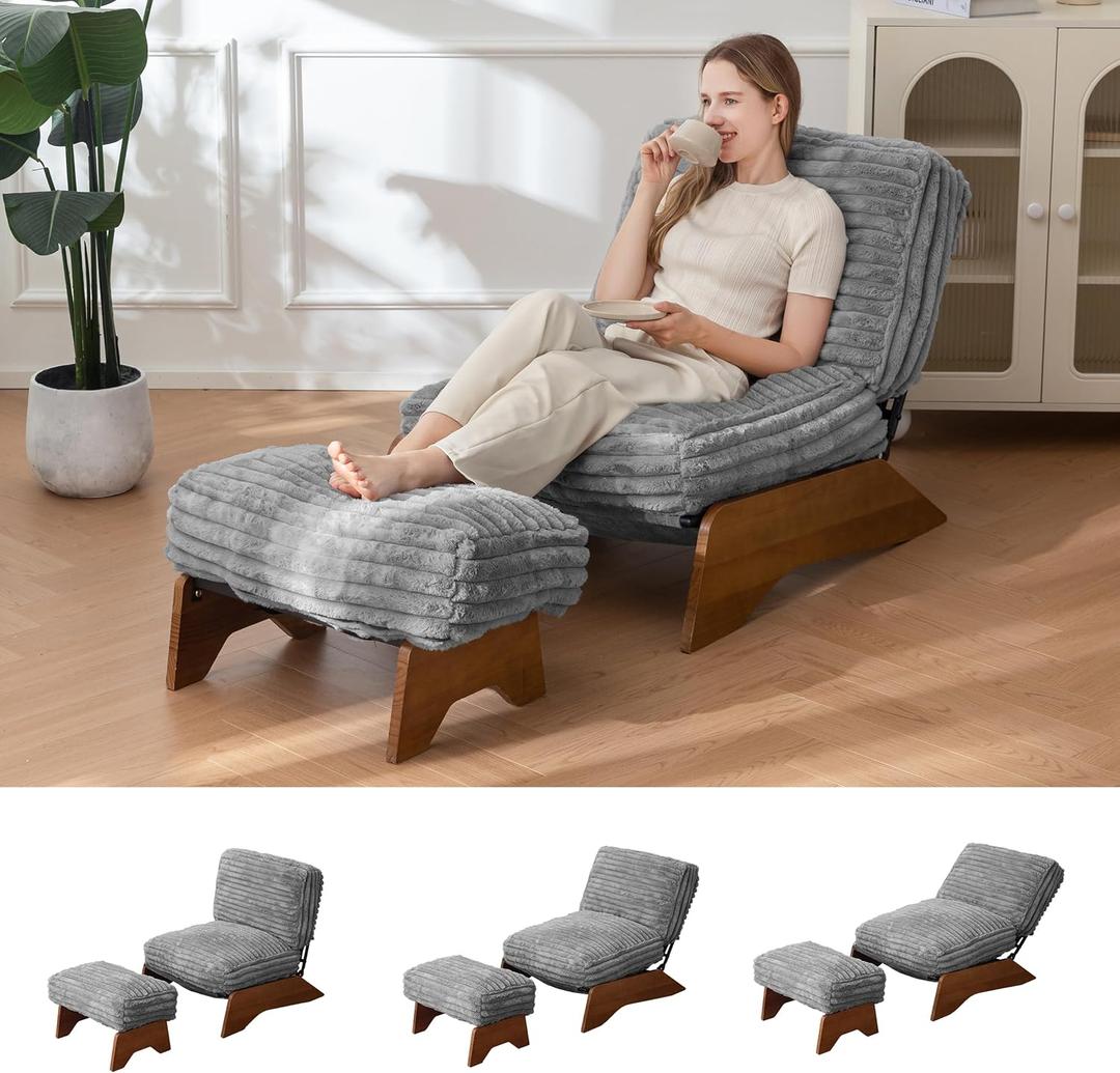 MAXYOYO Modern Adjustable Accent Chair with Ottoman, Upholstered Living Room Chair with Footrest Set, Soft Reclining Lounge for Bedroom, Apartment, Office, Grey (Large)