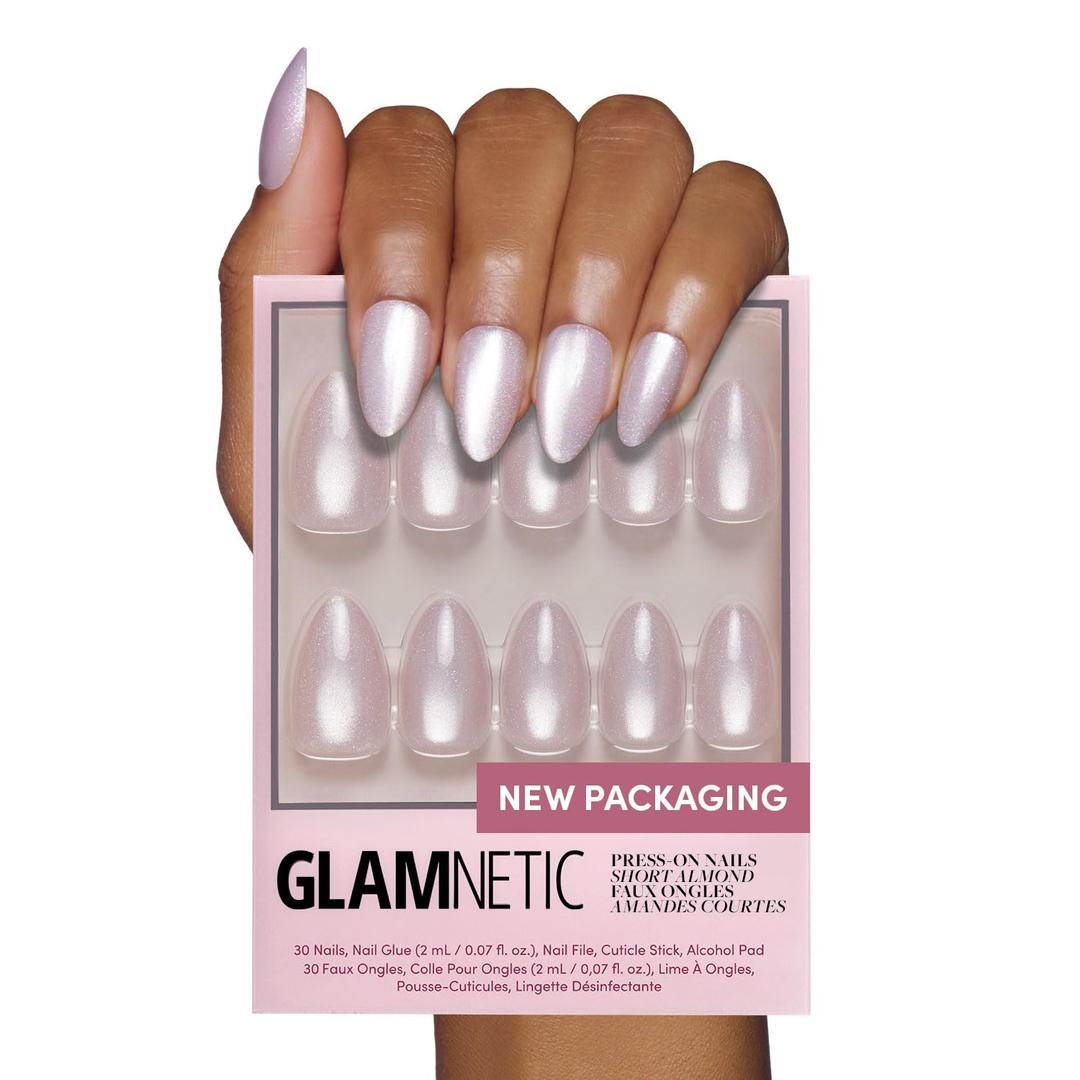 Glamnetic Press On Nails - Selenite | Soft White Sparkle Short Almond Fake Nails with a Glossy Finish, Reusable | 15 Sizes - 30 Nail Kit with Glue