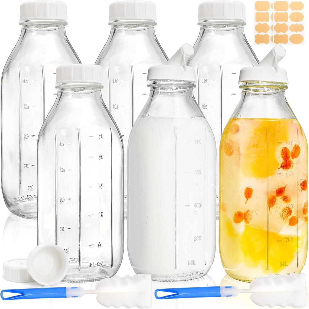 Bekith 6 Pack Liter Glass Milk Bottles with Airtight Screw Lid, 32 Oz Reusable Glass Bottles with Dispenser Cap for Milk, Honey, Jam, Syrup (2 Pour Spout Lids, 2 Lables and 2 Bottle Brushes Included)