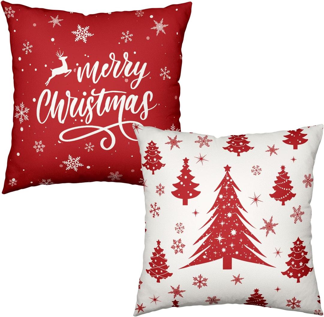 Red Christmas Throw Pillow Covers 18x18 Set of 2 Winter Xmas Tree Snowflake Outdoor Pillow Cases Merry Christmas Decorative Holiday Farmhouse Cushion Cover for Home Couch Sofa