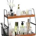 Bathroom Counter Organizer, 2-Tier Standing Storage Shelf with Basket, Wood Tray for Skincare Vanity Organizer(Brownish)